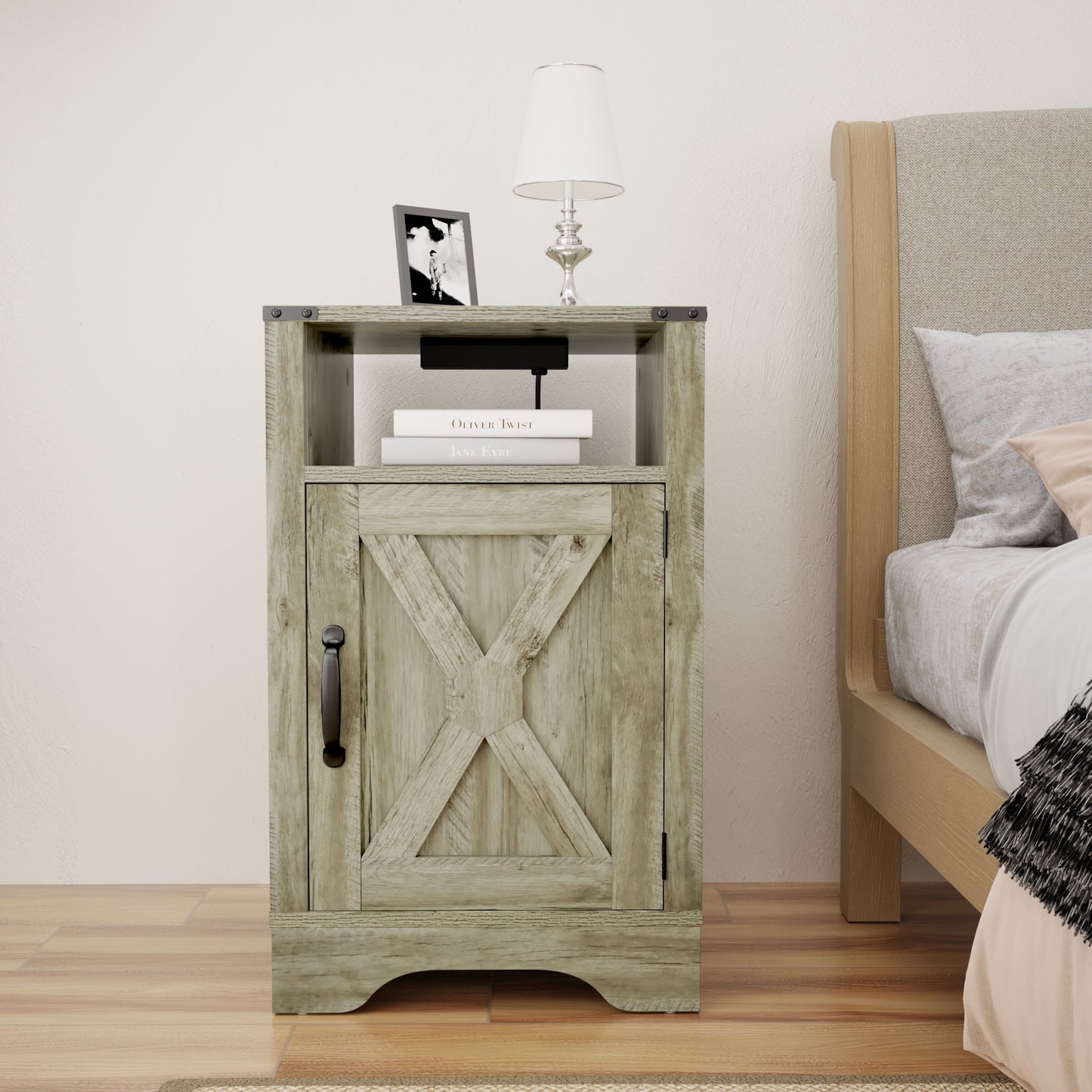 CozyHom Modern Farmhouse USB Nightstand With Charging Station, End Side Table With Charging Station&Storage Cabinet For Bedroom, Light Grey