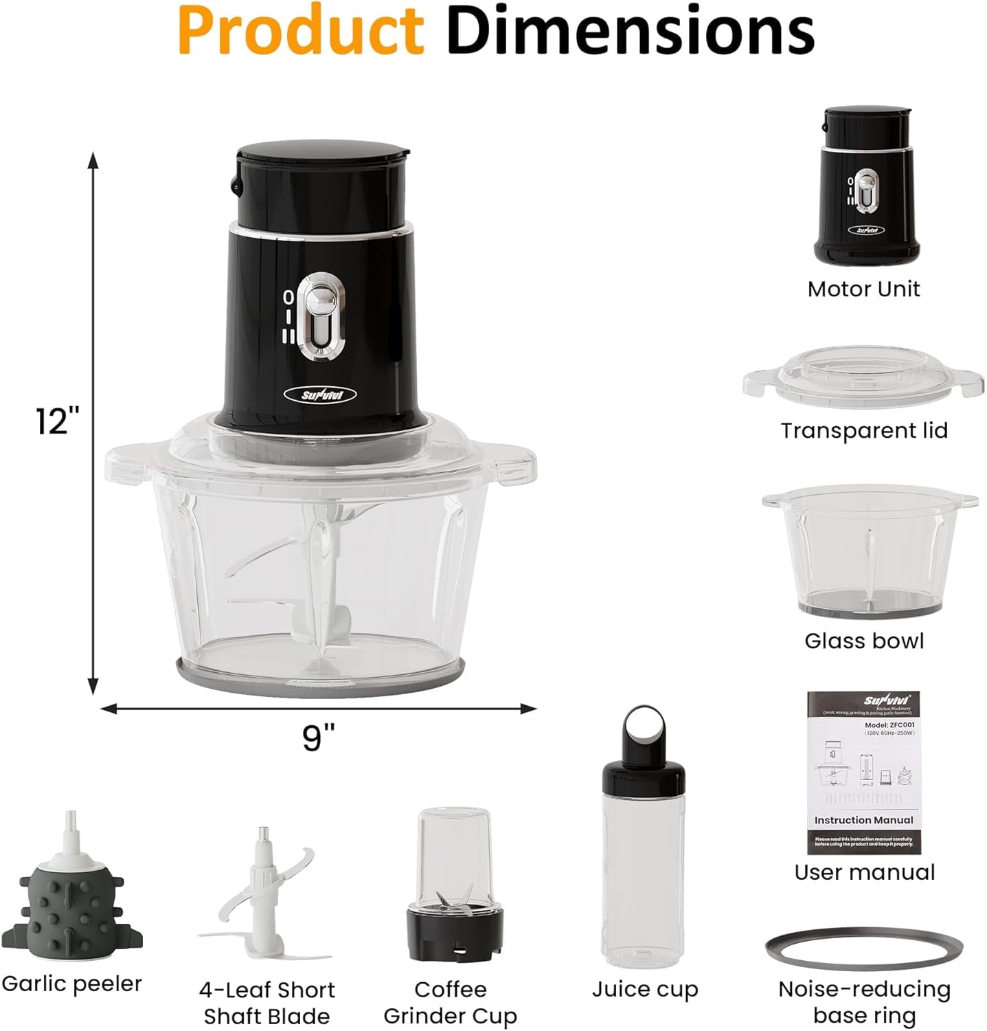 CozyHome Electric Food Chopper, Electric 4 in 1 Food Grinder for Grinding Meat, Peeling Garlic & Juicing, 2 Speed Blender and Food Processor Combo with 1.5L Glass Bowl & 2 Cups (0.4L+0.2L), 250W Black