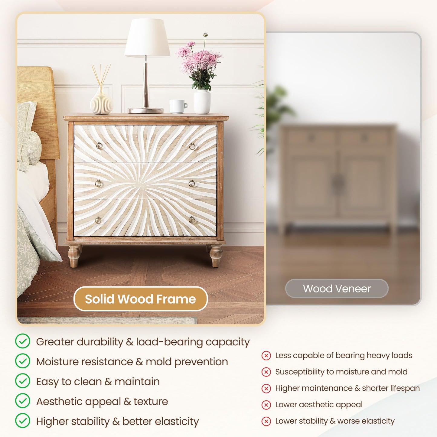 CozyHome 3 Drawer Dresser, 3 Chest of Drawers, Accent Storage Cabinet with Drawers, Wooden Closet Organizer, Bedside Table with Gourd Legs, Nightstand for Bedroom Hallway Living Room, Natural Color