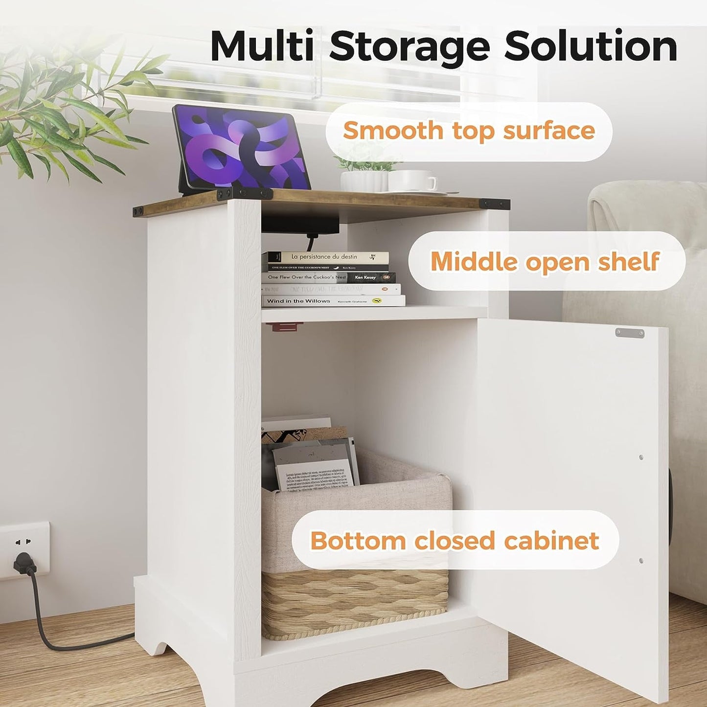 RoyalCraft White Nightstand with Charging Station, Farmhouse Bedside Table with X-Shaped Design,Wooden Rustic End Table with Large Storage Room and Shelf for Bedroom, Living Room