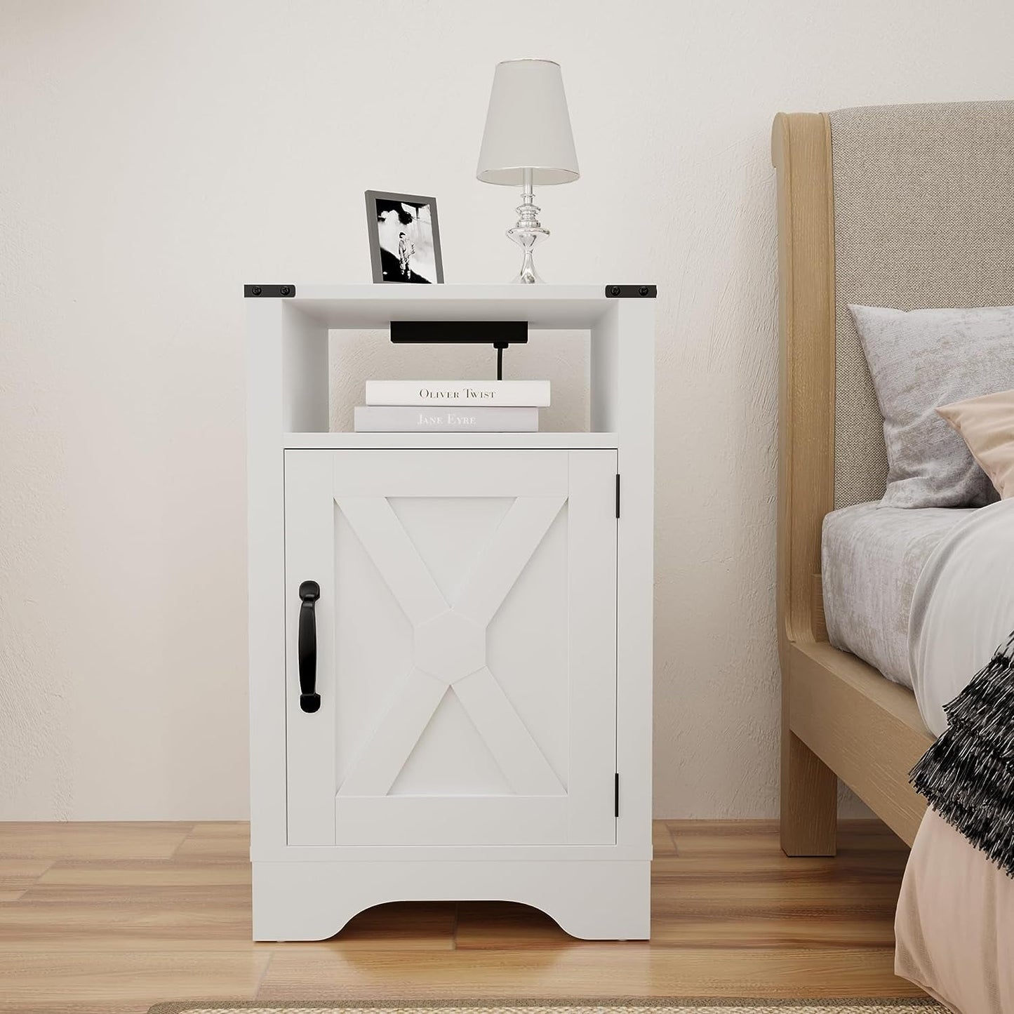 RoyalCraft White Nightstand with Charging Station, Farmhouse Bedside Table with X-Shaped Design,Wooden Rustic End Table with Large Storage Room and Shelf for Bedroom, Living Room