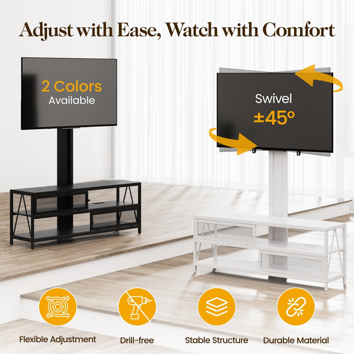 Superjoe TV Stand with Mount and LED Light, Swivel Entertainment Center for TVs 32-65 Inches, 3-Tier Gaming Media Console Tablefor Living Room, Bedroom, Office, Black