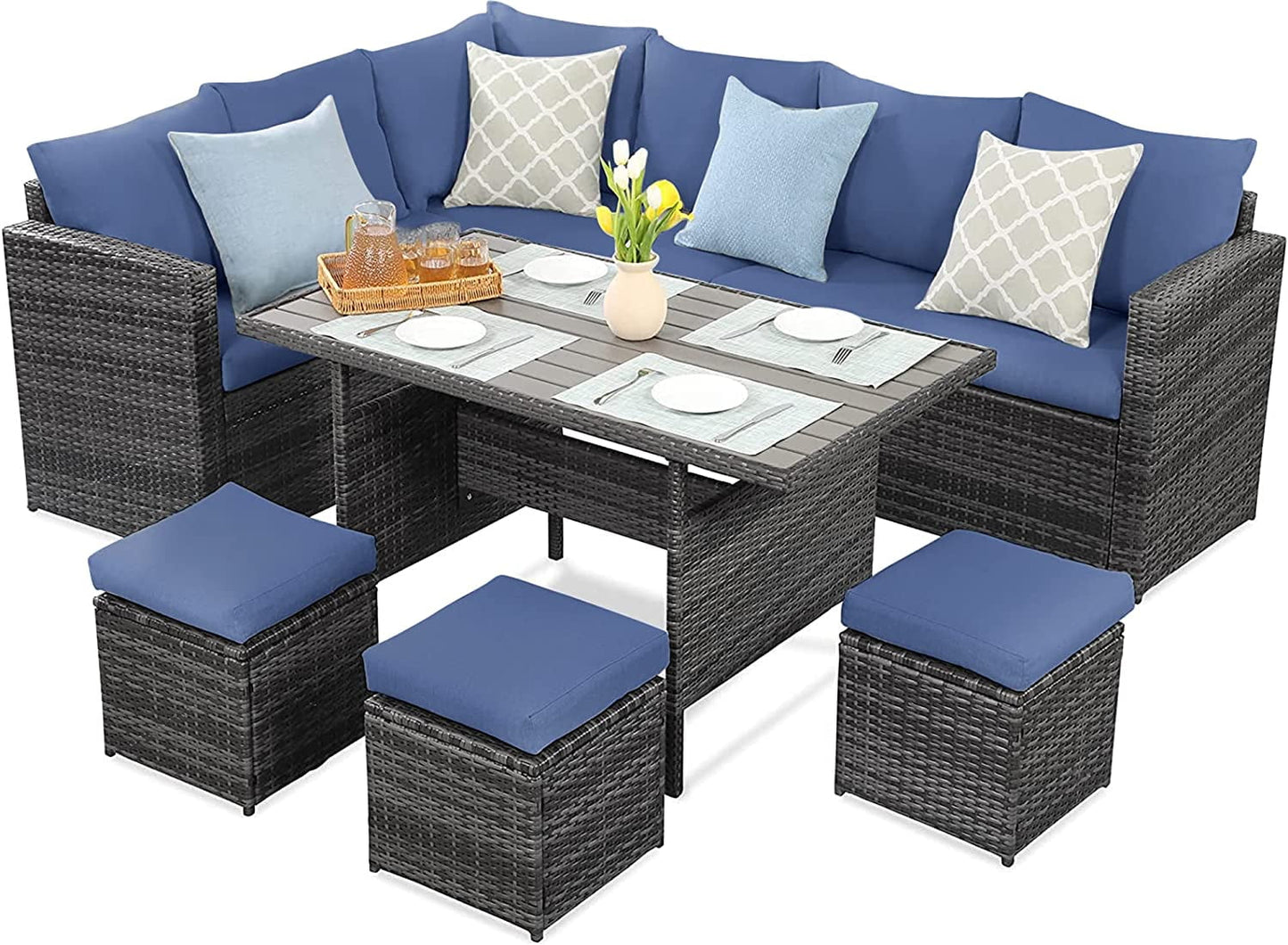CozyHom 7 Pcs Modern Outdoor Patio PE Wicker Rattan Conversation Sofa Furniture Set, Sectional Furniture Couch Sets with Dining Table and Cushions, Blue