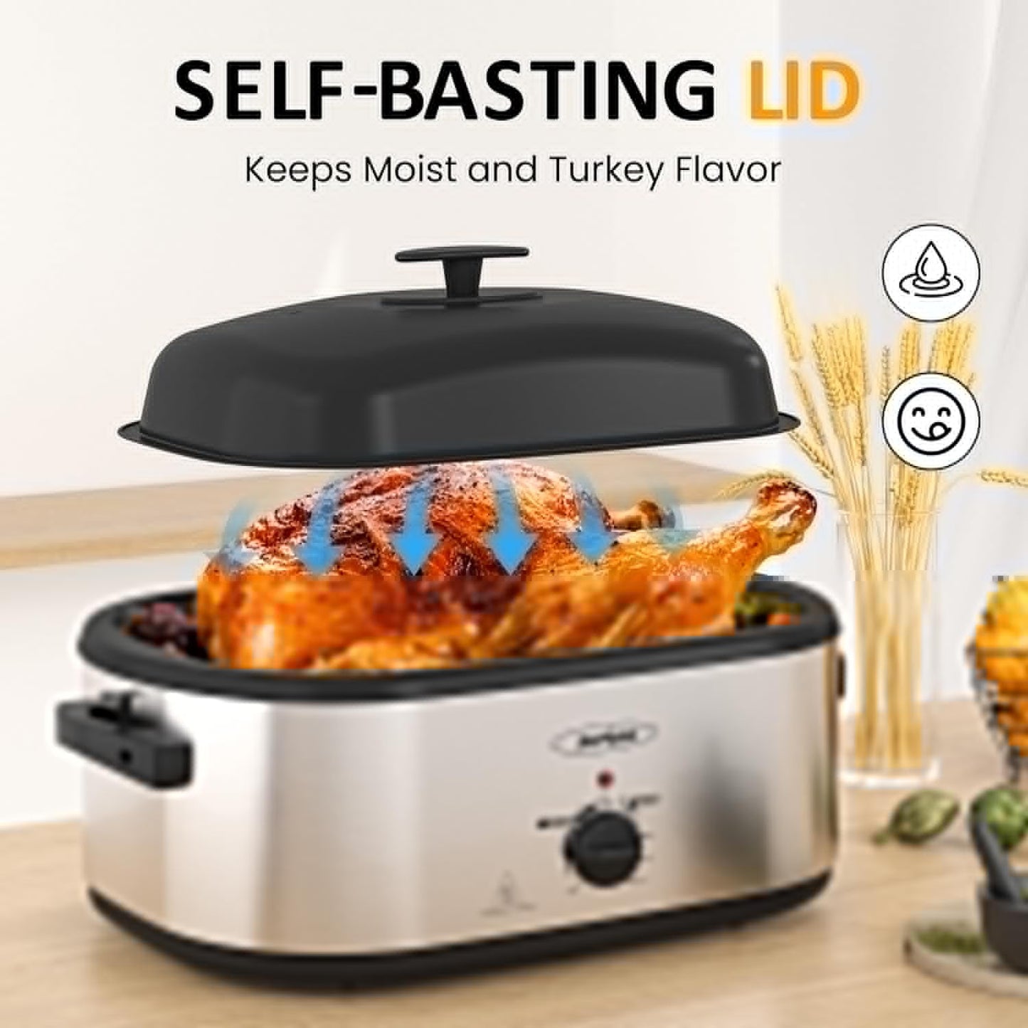 Superjoe Electric Roaster Oven, 20 QT Roaster with 3 Compartments and Self-Basting Lid, Turkey Roaster Oven with 150-450°F Full-Range Temperature Control, Removable Pan Rack, Stainless Steel, Silver