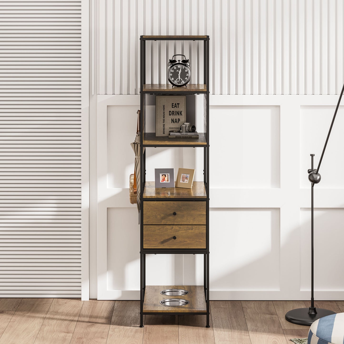 Industrial Bookshelf, Standing Display Shelf with 2 Dog Bowls, Metal and Wood Bookshelf, Dog Feeder Station with Shelves, Brown