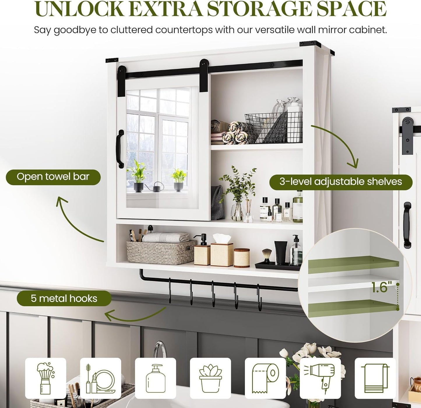 Superjoe 28in Bathroom Cabinet Wall Mount with Sliding Mirror Door, Over The Toilet Storage Cabinet, Farmhouse Medicine Cabinet with Shelves and Towel Bar for Living Room, 28" W x 29" H, White