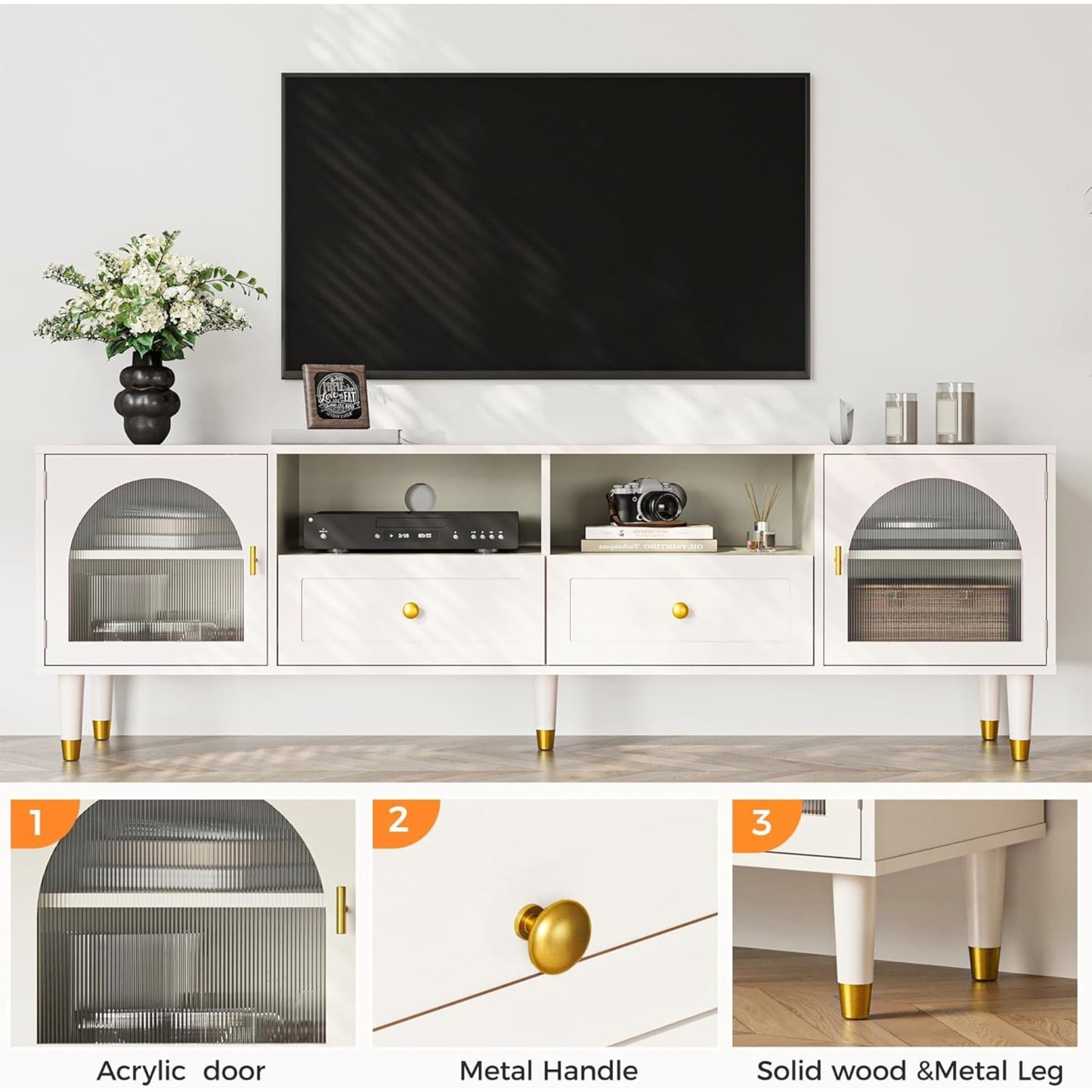 Superjoe Mid Century Modern TV Stand for 70 Inch TV, Entertainment Center with Acrylic Doors & Drawers, Wood TV Cabinet with Storage, TV Consoles for Living Room, Bedroom, White