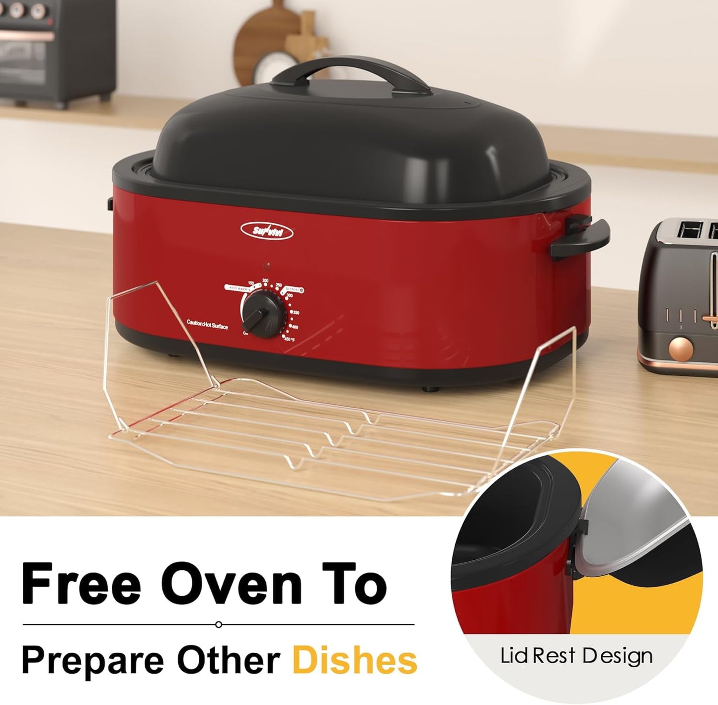 CozyHome 18-Quart Electric Roaster Oven, Turkey Roaster Oven with Removable Pan and Rack, Perfect for Large Meals and Holiday Feasts, Red