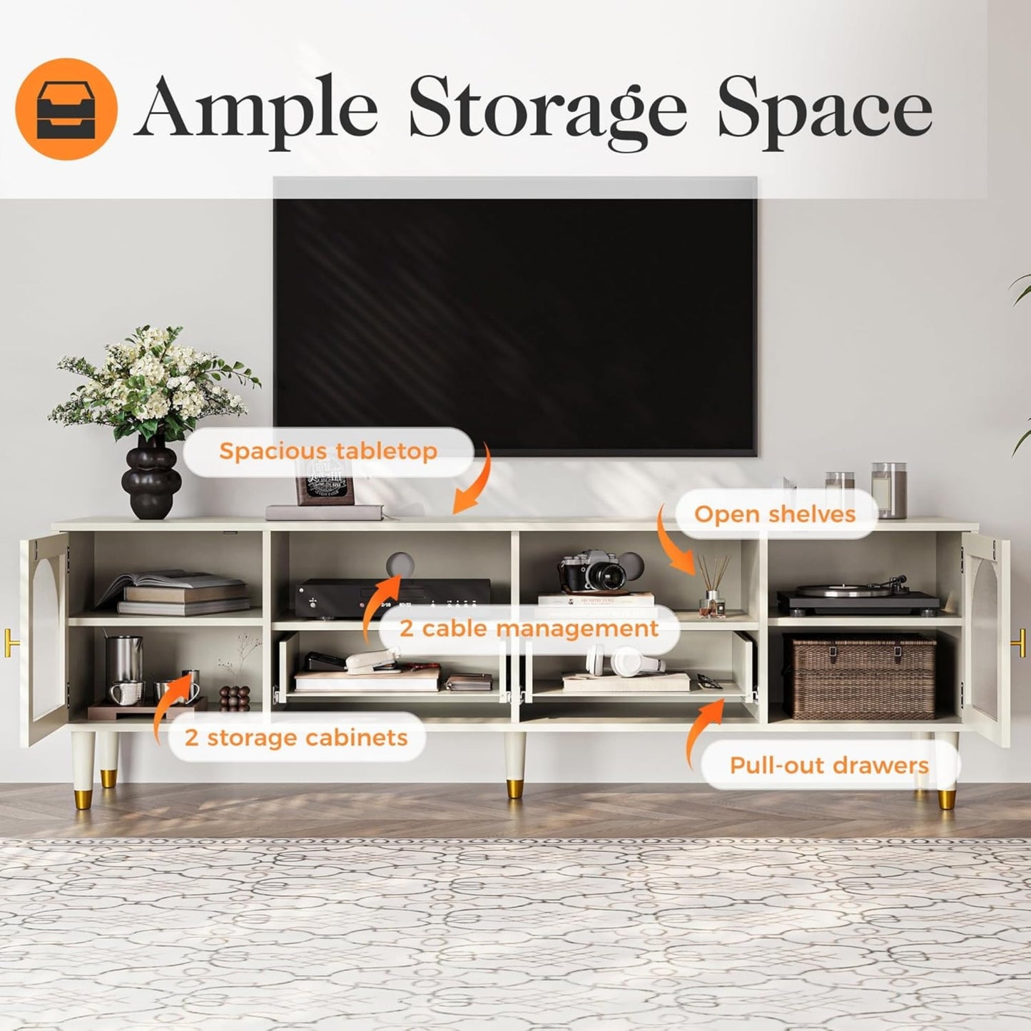 Superjoe Mid Century Modern TV Stand for 70 Inch TV, Entertainment Center with Acrylic Doors & Drawers, Wood TV Cabinet with Storage, TV Consoles for Living Room, Bedroom, White