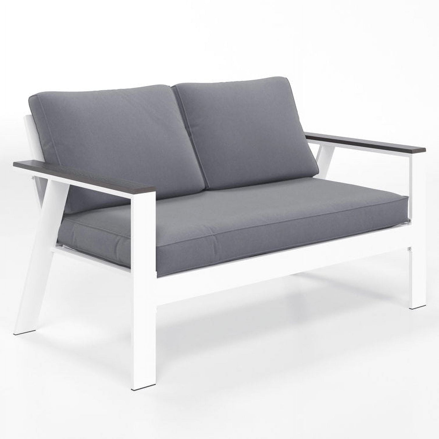 Superjoe Outdoor Aluminum Patio Loveseat Sofa Furniture, Metal All-Weather Modern Patio Sofa Loveseat with Wood Accent Armrest and Angled Backrest, White