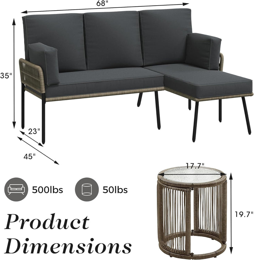 Royalcraft Patio Furniture Set, Outdoor Sectional Furniture Sets with Woven Rope Accents and 4-inch Cushions, L-Shaped Patio Conversation Sets with Detachable Lounger and Side Table