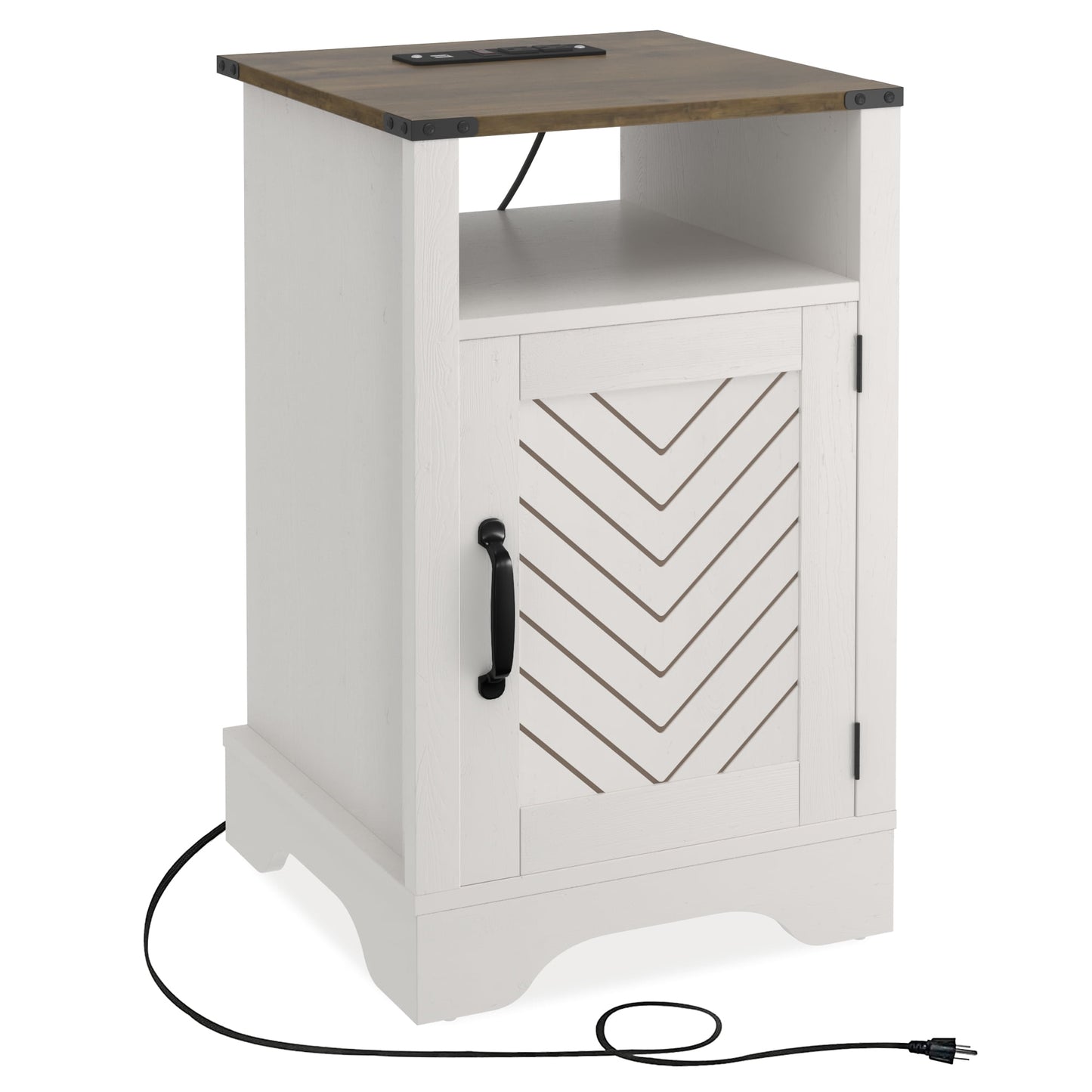 CozyHom Modern Farmhouse USB Nightstand With Charging Station, End Side Table With Charging Station&Storage Cabinet For Bedroom, Brown And White