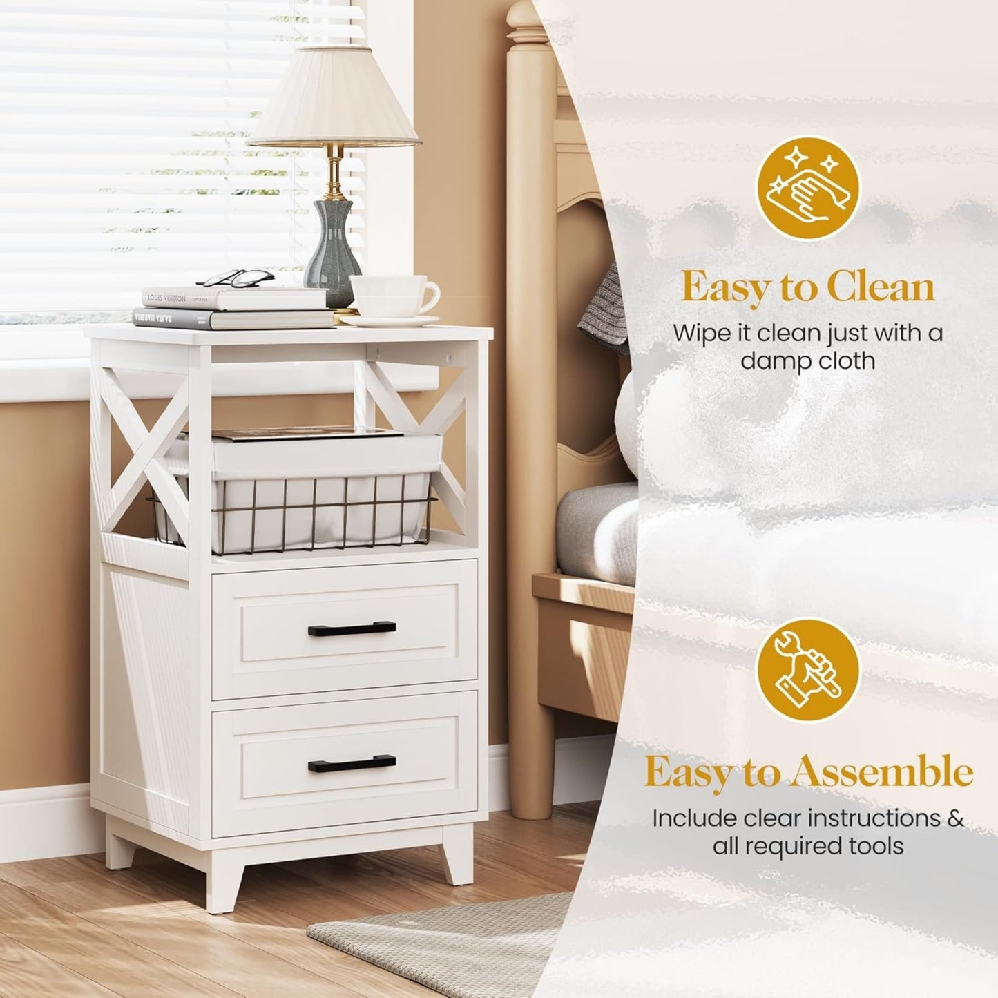 Superjoe Tall Nightstand Set of 1, Side Table with 2 Drawers and Open Shelf Top, Bedside Table with Solid Feet, Modern Night Stand End Table for Bedroom, Living Room, Home Office, White