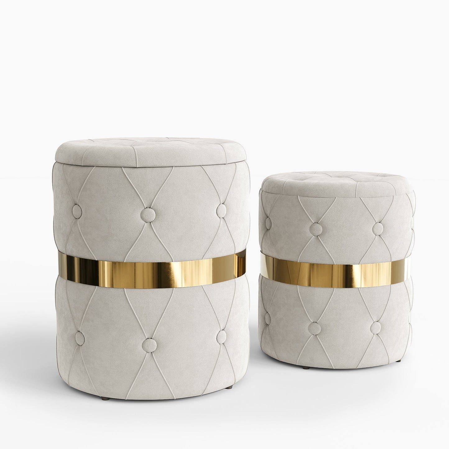 RoyalCraft Storage Ottoman Set of 2, Versatile Footrest Stool with Stainless Steel Base, Modern Round Vanity Stool Chair Foot Stools, Support 200lbs Padded Seat, for Living Room, Bedroom