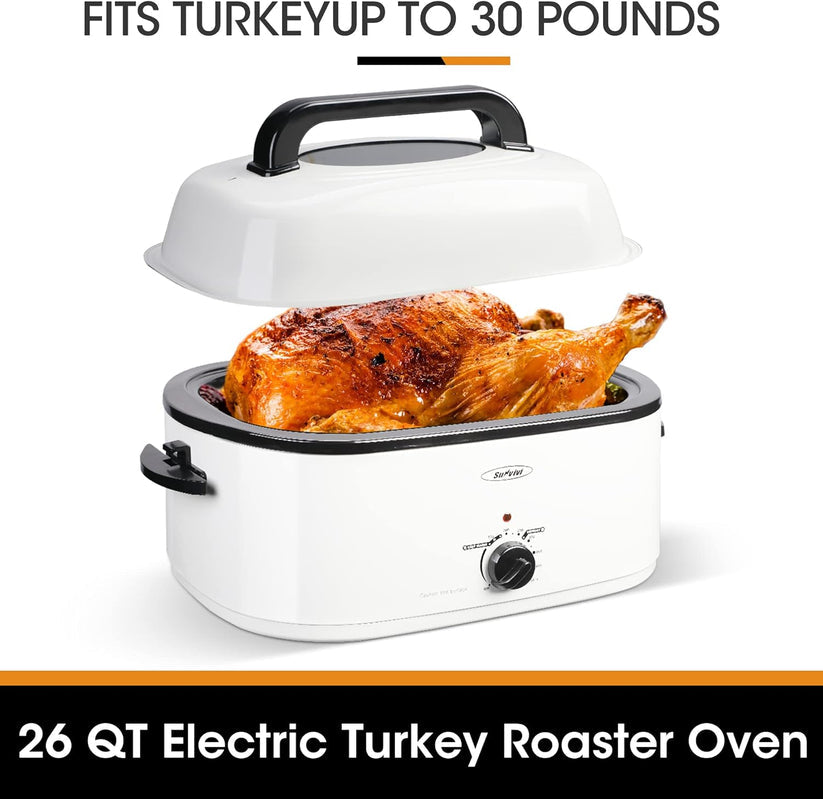Roaster Oven with Self-Basting Lid, Electric Roaster with Removable Pan & Rack, 150-450°F Full-Range Temperature Control with Defrost/Warm Function, Stainless Steel, Silver