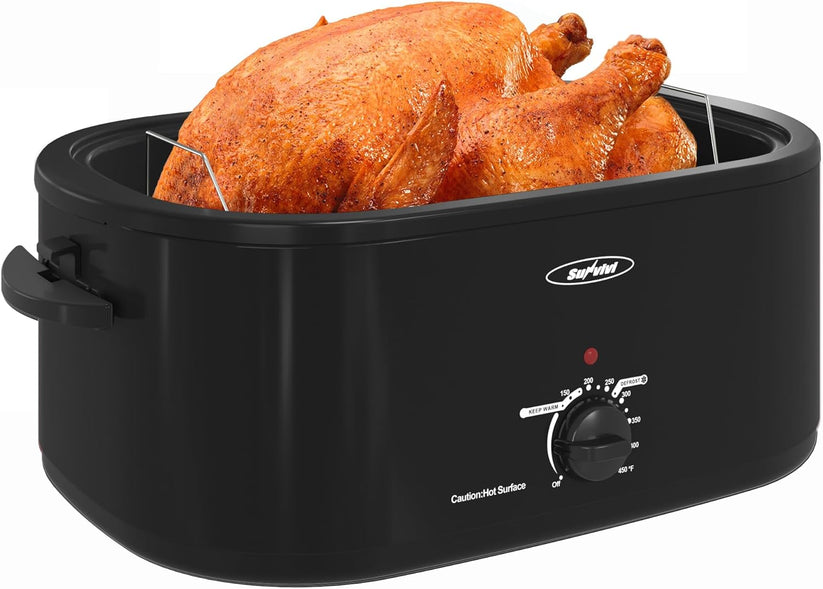 Roaster Oven with Self-Basting Lid, Electric Roaster with Removable Pan & Rack, 150-450°F Full-Range Temperature Control with Defrost/Warm Function, Stainless Steel, Silver