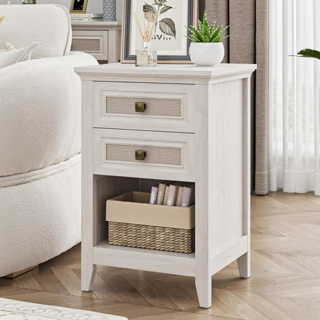 Royalcraft Farmhouse Nightstand, Boho Bedside Table with 2 Rattan Decor Drawers, Accent End Table with Open Storage Shelf, Wood Bedside Unit for Bedroom, Living Room, Home Office, Grayish White