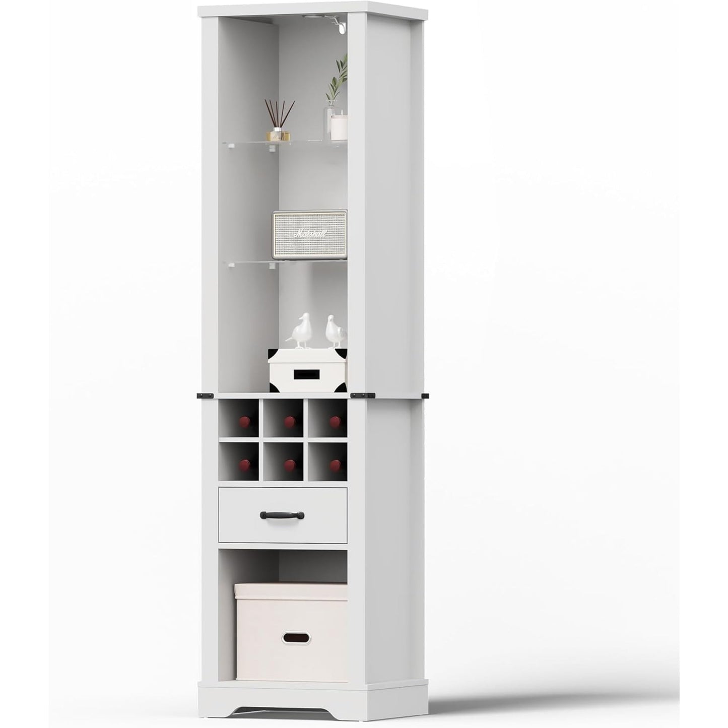 Superjoe 75'' Tall Storage Cabinet with LED Light, Farmhouse Pantry Cabinet with Tempered Glass Adjustable Shelves & Wine Storage Rack, Freestanding Linen Tower for Bathroom, Living Room,White