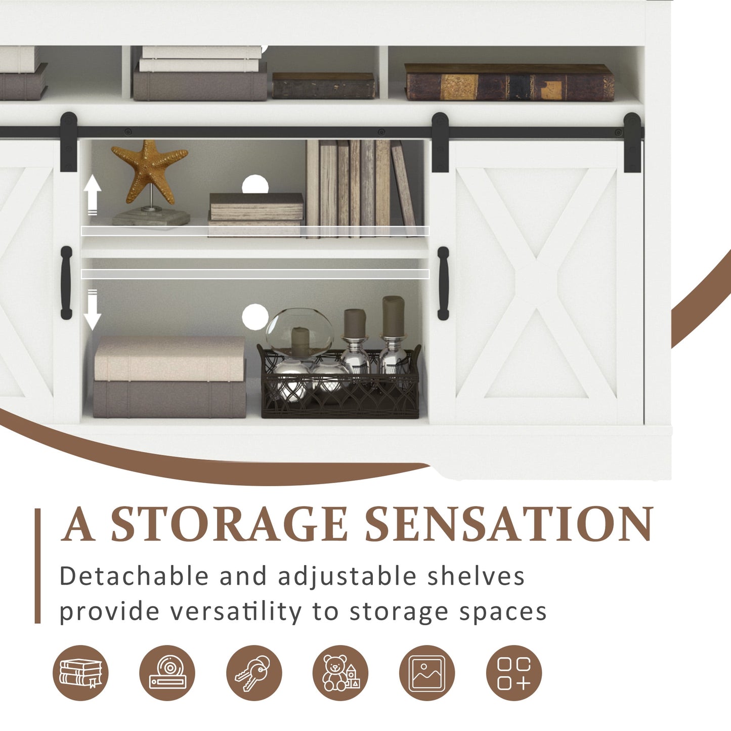 CozyHom Farmhouse TV Stand Coffee Bar Cabinet With Storage, Sliding Doors Cabinet TV Storage Cabinet Sideboard, Pure White