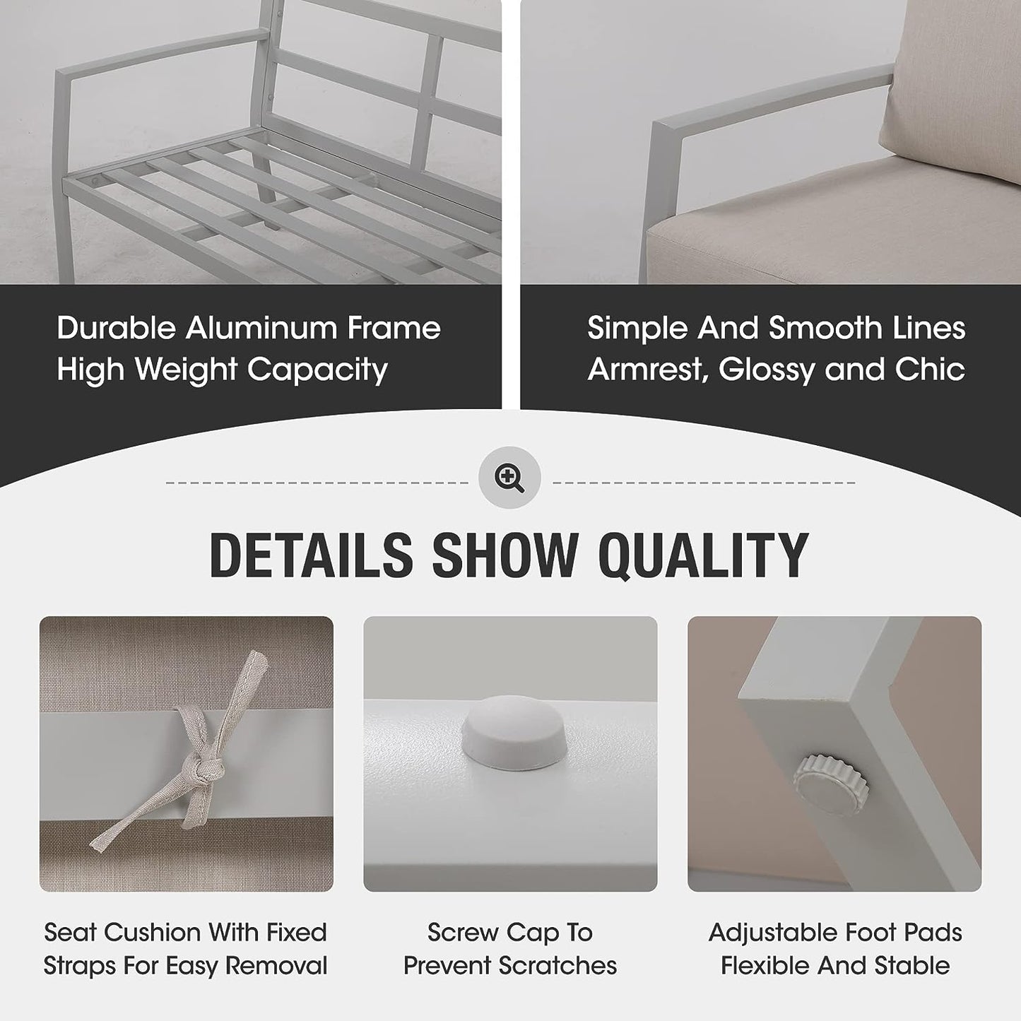 SunviviCollection Aluminum Patio Furniture, Outdoor Metal Patio Furniture Conversation Set with Coffee Table, Outside Patio Sofa Sets with Cushion for Balcony Backyard Garden, Beige