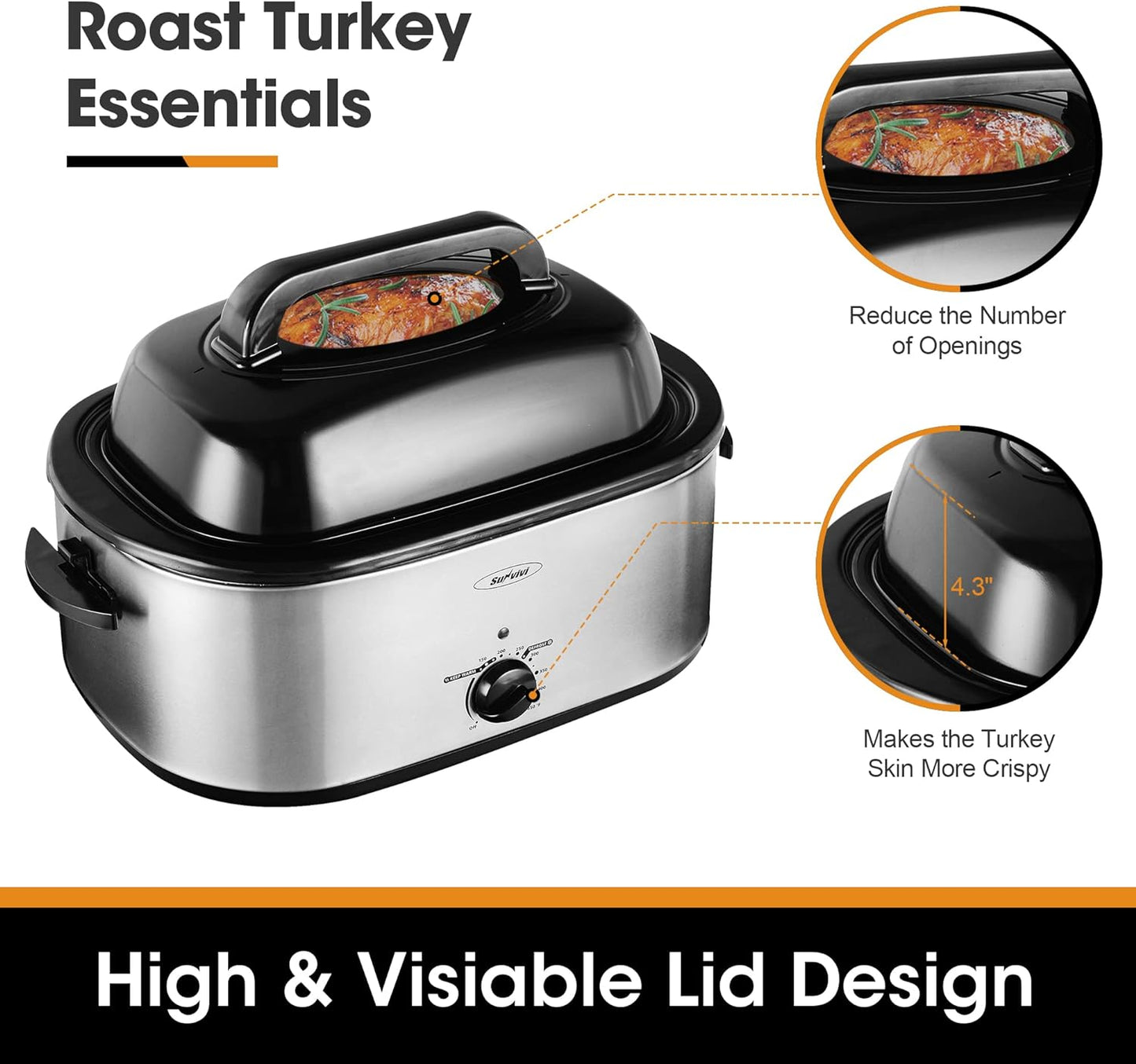 Roaster Oven, Electric Roaster Oven with Viewing Lid, Sunvivi Turkey Roaster with Unique Defrost/Warm Function, Large Roaster with with Removable Pan & Rack, Stainless Steel, White