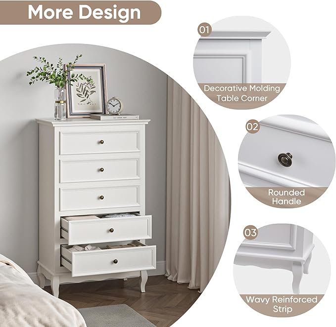 Royalcraft Dresser for Bedroom, Modern 5 Drawer Dresser with Solid Wood Legs and Painted Finish, Tall Chest of Drawers, Wooden Storage Cabinet Organizer for Living Room, Nursery, Hallway, Entryway