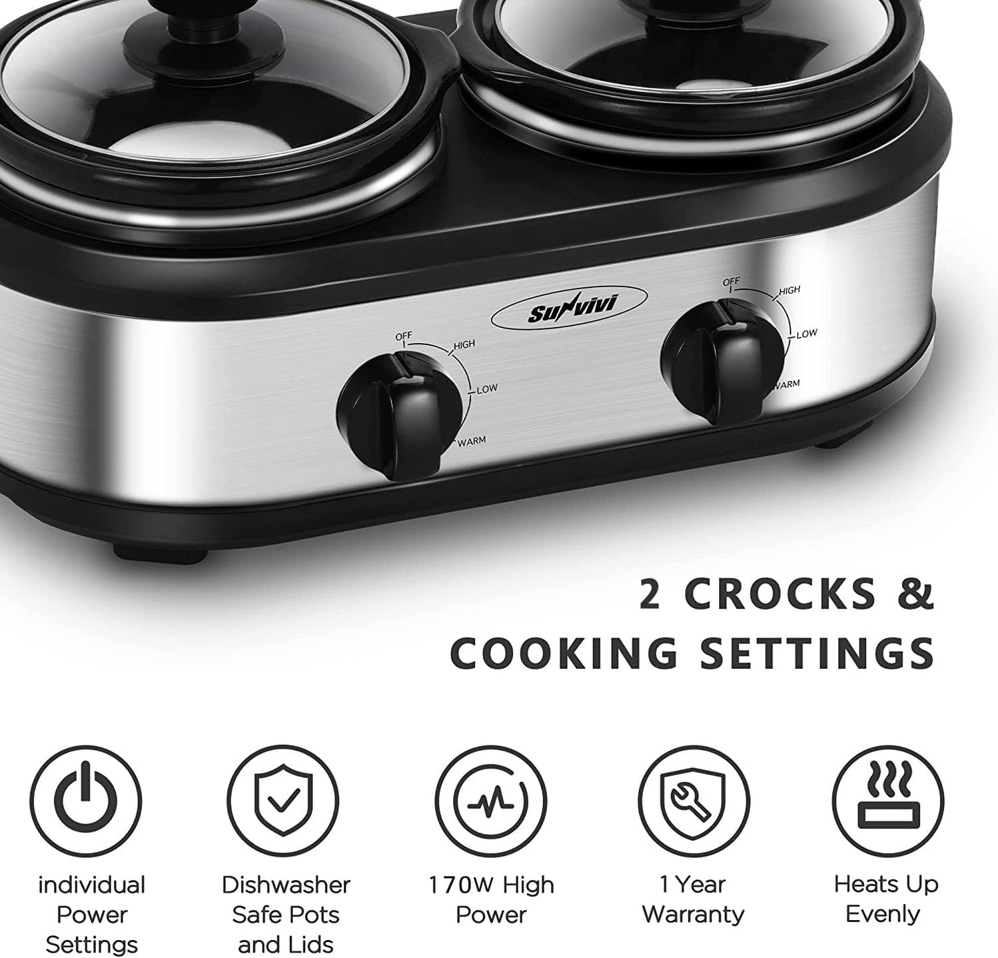Sunvivi Dual Pot Slow Cooker, 2 Pot Small Mini Crock Buffet Server and Warmer, Upgraded Oval Ceramic Double Pot Buffet Food Warmer Adjustable Temp Glass Lid, Total 2.5 Quarts