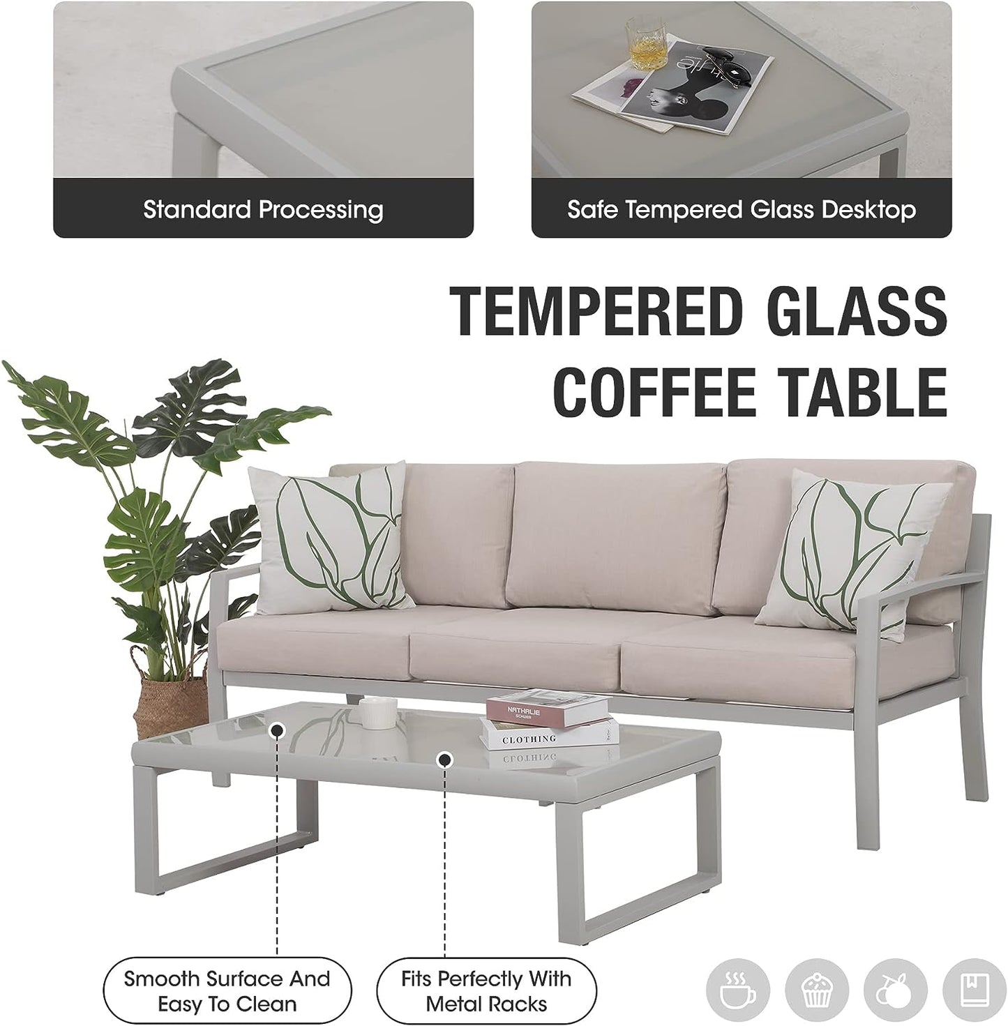 SunviviCollection Aluminum Patio Furniture, Outdoor Metal Patio Furniture Conversation Set with Coffee Table, Outside Patio Sofa Sets with Cushion for Balcony Backyard Garden, Beige