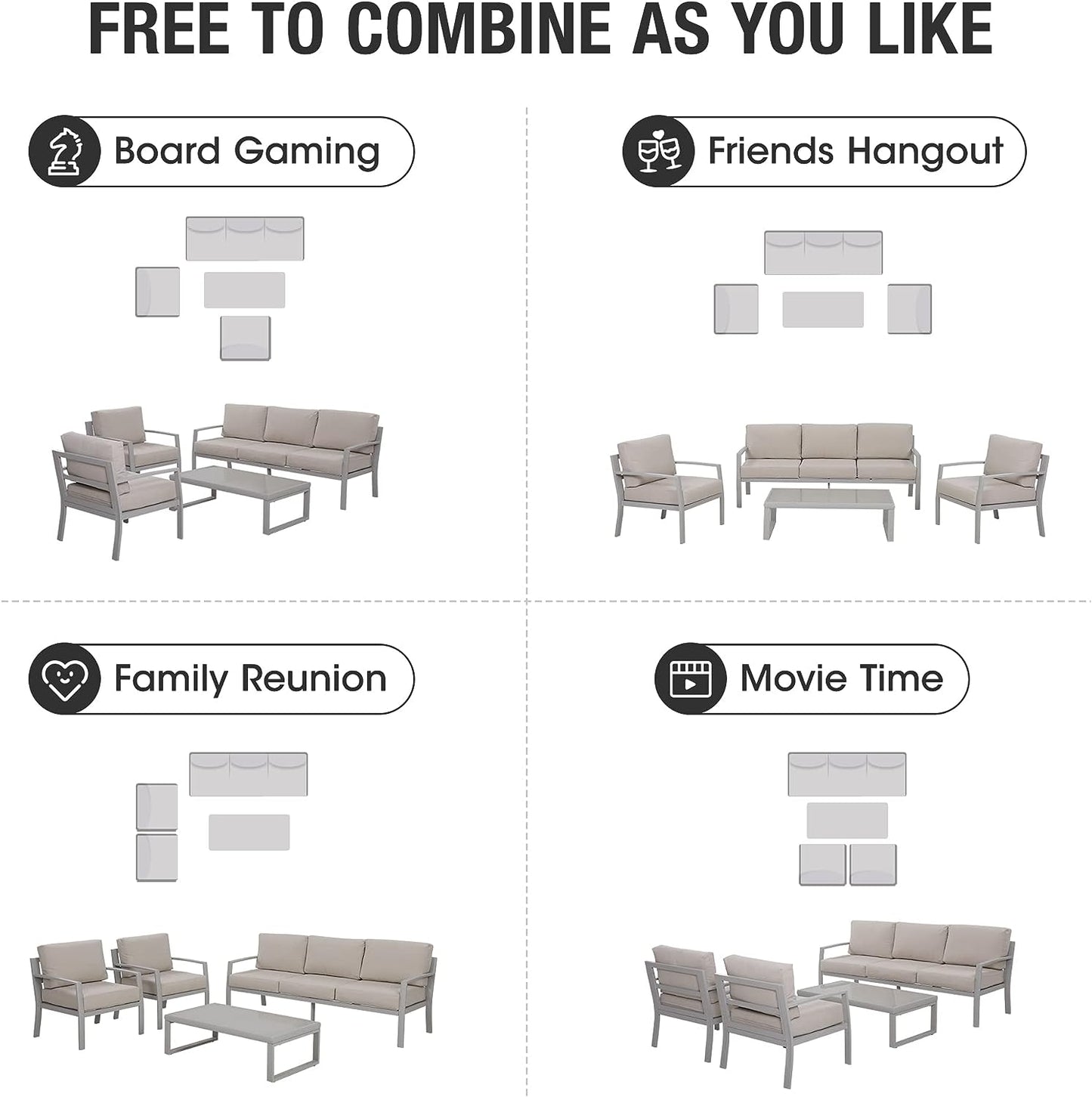 SunviviCollection Aluminum Patio Furniture, Outdoor Metal Patio Furniture Conversation Set with Coffee Table, Outside Patio Sofa Sets with Cushion for Balcony Backyard Garden, Beige