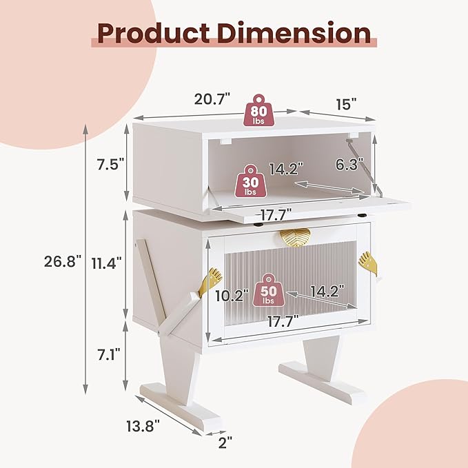 RoyalCraft White Nightstand with LED Light Strips, Modern End Table with 360¡ã Rotating Drawer, Bedside Table with Glass Door Storage, Wood Night Stand Cabinet for Living Room, Bedroom, Nursery