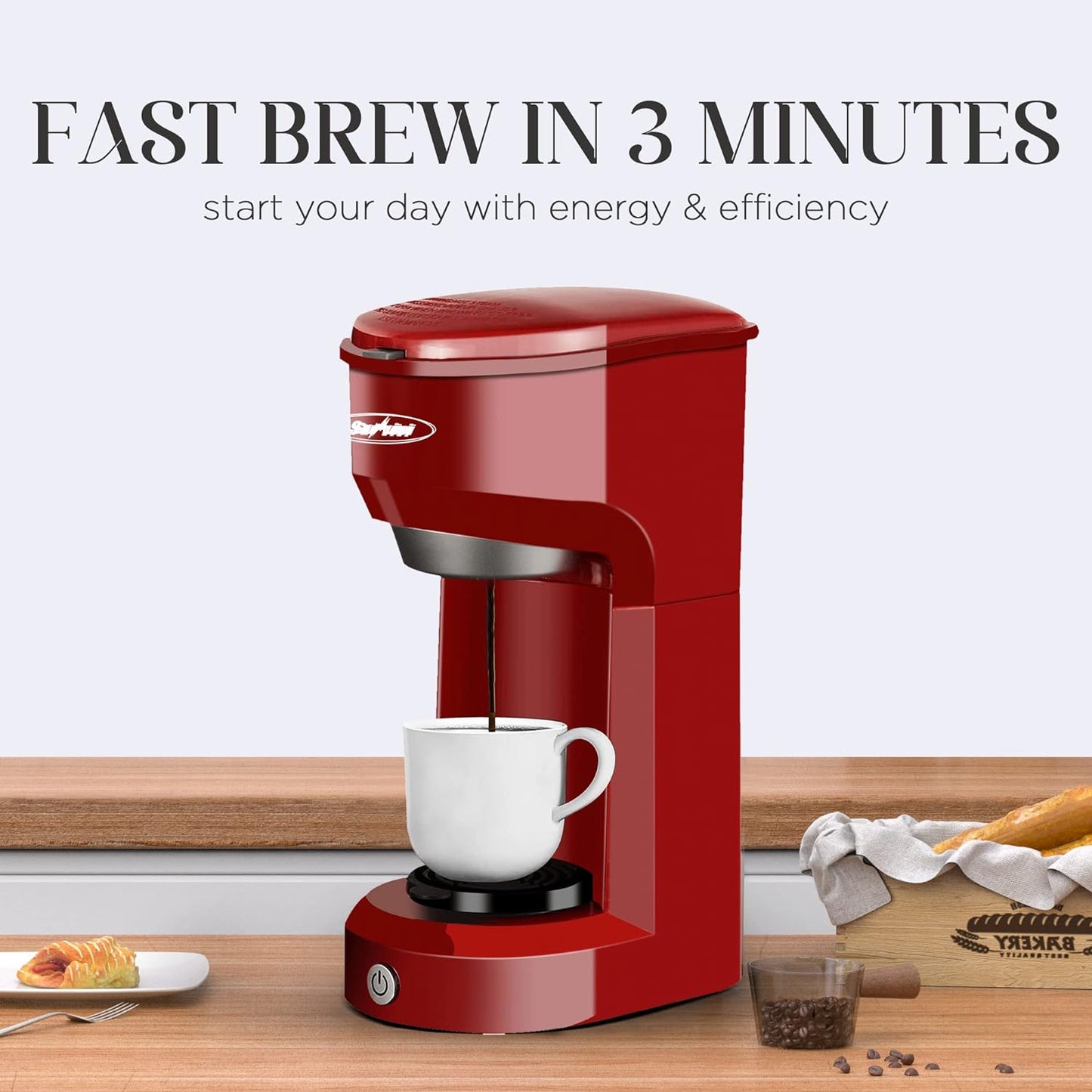 Sunvivi Coffee Maker, Single Serve Brewer for Single Cup, With Permanent Filter, 6oz to 14oz Mug, One-touch Control Button with Illumination,Red (ETL Certified)