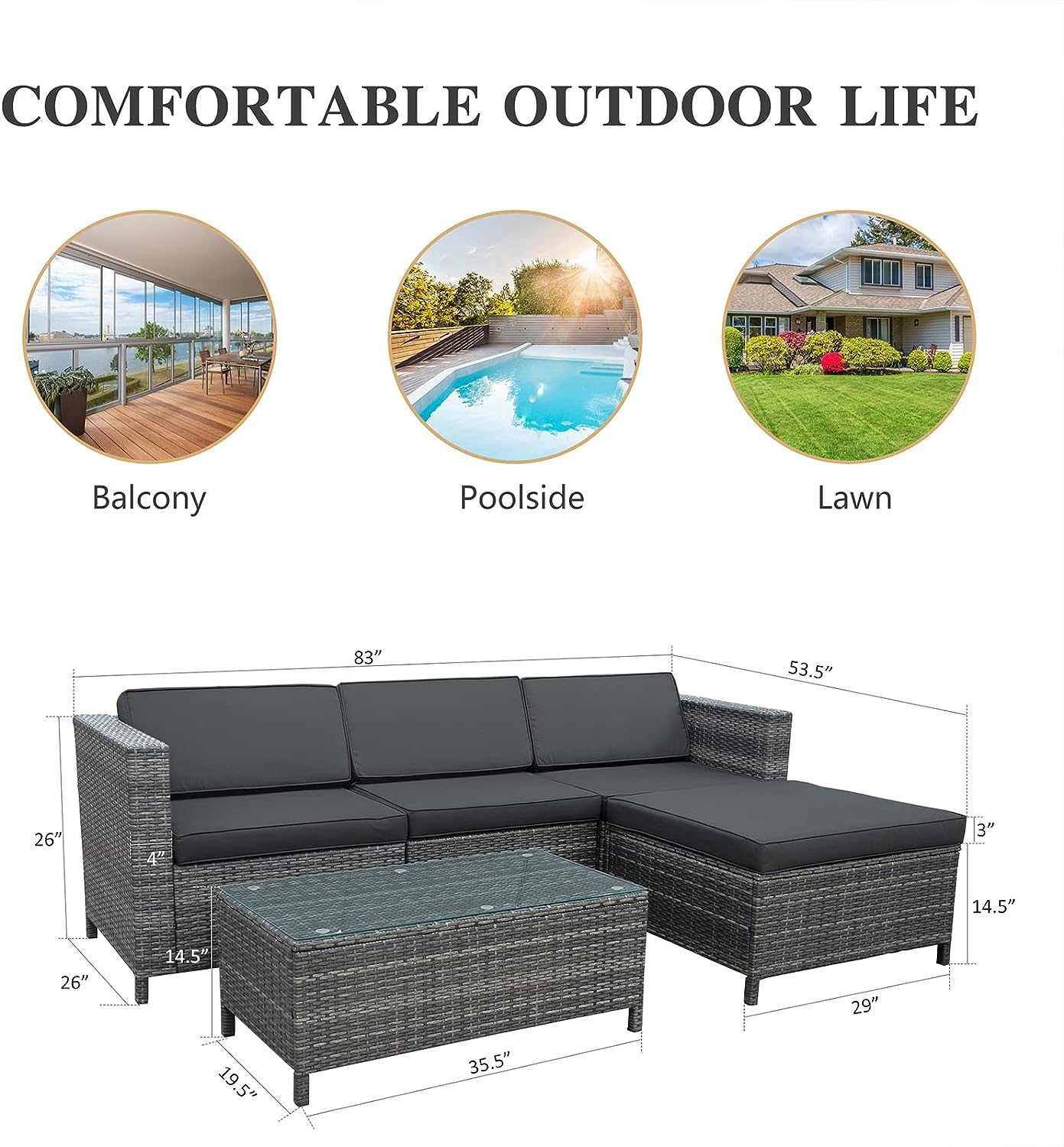 SunviviCollection Outdoor Patio Sectional Furniture Set, 5 Piece Weather Resistant Rattan Outside Couch, Waterproof Conversation Sofa Wicker Patio Furniture Set for Balcony, Porch, Backyard, Deck, Garden