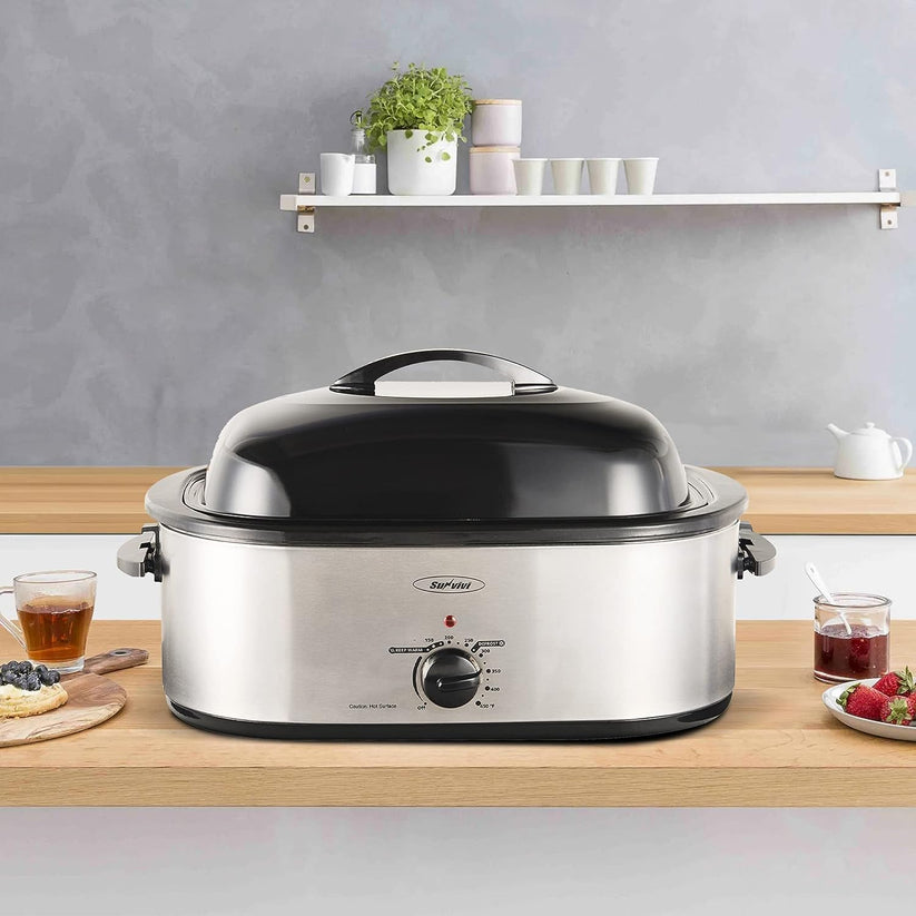 Roaster Oven with Self-Basting Lid, Electric Roaster with Removable Pan & Rack, 150-450°F Full-Range Temperature Control with Defrost/Warm Function, Stainless Steel, Silver