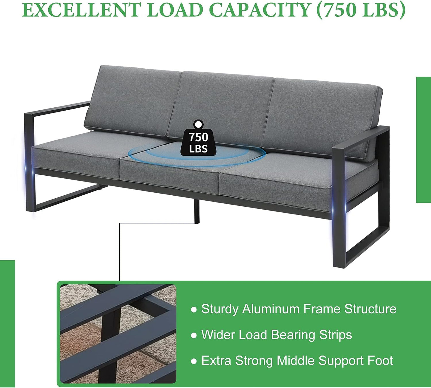 SunviviCollection Aluminum Patio Furniture Couch, Metal Contemporary 3-Seat Sofa Chair with Cushion and Waterproof Cover, Modern Grey