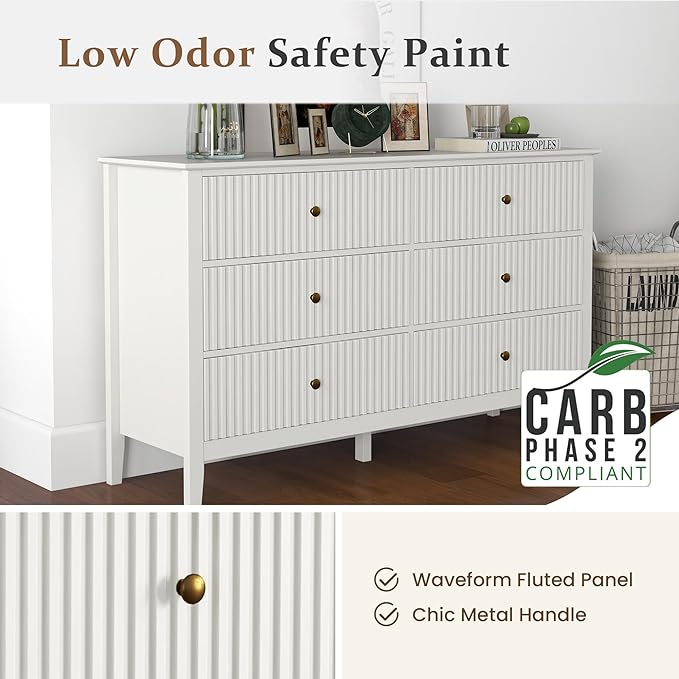 White 6 Drawer Dresser 47" Wide, Modern Wood Chest of Drawers, Double Silent Slide Drawers Storage Organizer Cabinet for Bedroom, Nursery, Living Room, Hallway
