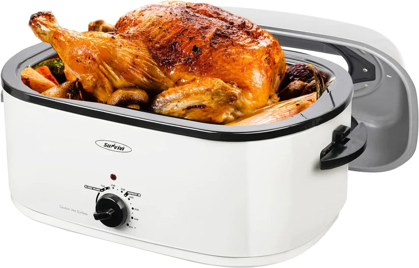 Roaster Oven with Self-Basting Lid, Electric Roaster with Removable Pan & Rack, 150-450°F Full-Range Temperature Control with Defrost/Warm Function, Stainless Steel, Silver
