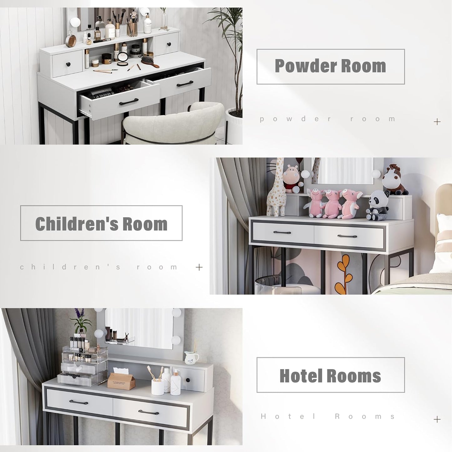 Sunvivi Vanity Desk with Lighted Mirror, 40" Large White Dressing Makeup Vanity Table with 4 Drawers, 3 Color Lighting Modes & 10 Brightness, Dressing Table with Metal Frame for Bedroom