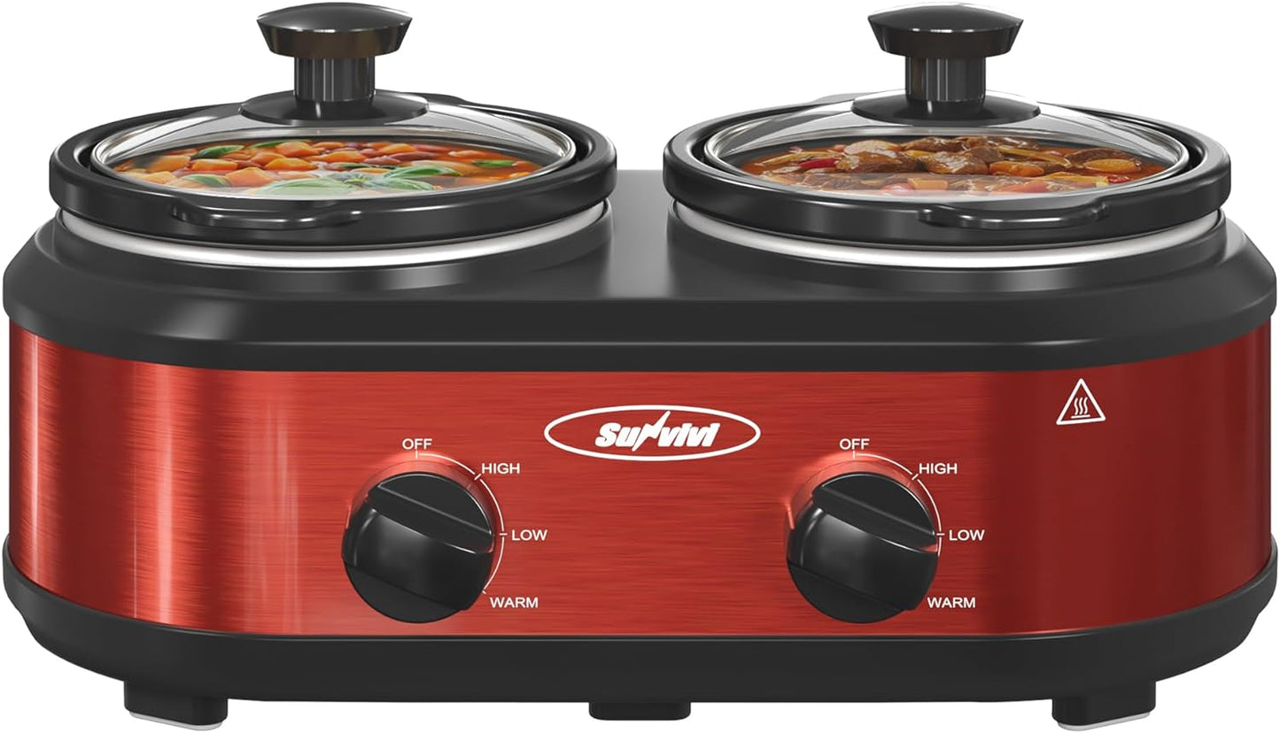 Sunvivi Dual Pot Slow Cooker, 2 Pot Small Mini Crock Buffet Server and Warmer, Upgraded Oval Ceramic Double Pot Buffet Food Warmer Adjustable Temp Glass Lid, Total 2.5 Quarts