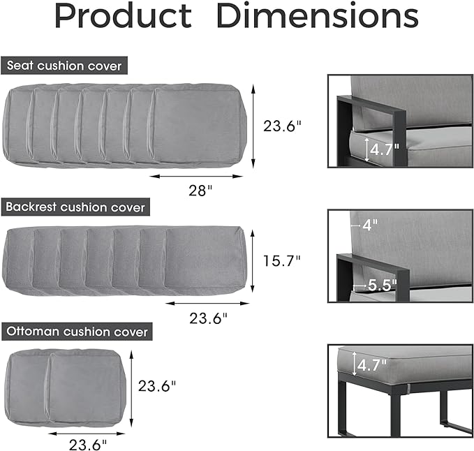 RoyalCarft 16-Pack Patio Outdoor Cushion Covers 28x24x4.7, Outdoor Replacement Slipcovers for Patio Furniture Outdoor Sofa Couch, Water-Resistant Patio Cushion Cover with Zippers and Ties, Grey
