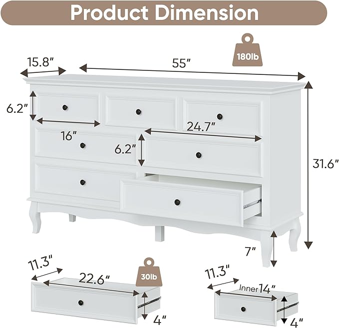 Royalcraft Dresser for Bedroom, Modern 7 Drawer Dresser with Solid Wood Legs and Painted Finish, White Chest of Drawers, Wooden Storage Closet Cabinet Organizer for Nursery, Living Room, Hallway