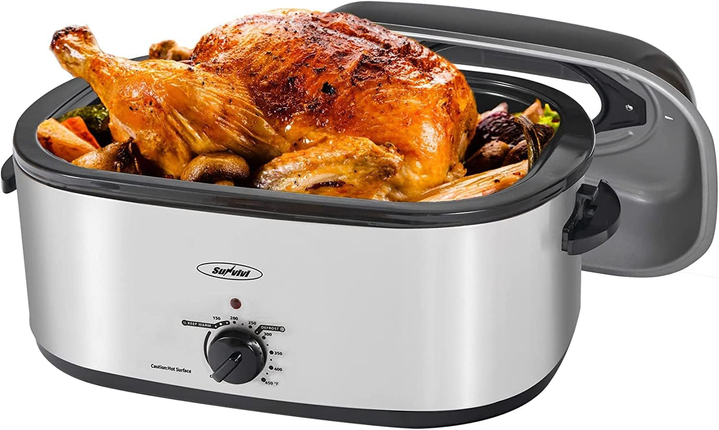 Roaster Oven, Electric Roaster Oven with Viewing Lid, Sunvivi Turkey Roaster with Unique Defrost/Warm Function, Large Roaster with with Removable Pan & Rack, Stainless Steel, White