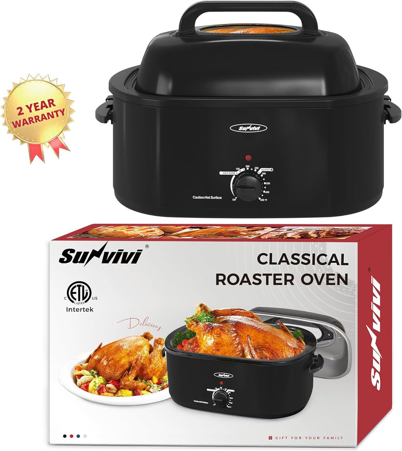 Roaster Oven with Self-Basting Lid, Electric Roaster with Removable Pan & Rack, 150-450°F Full-Range Temperature Control with Defrost/Warm Function, Stainless Steel, Silver