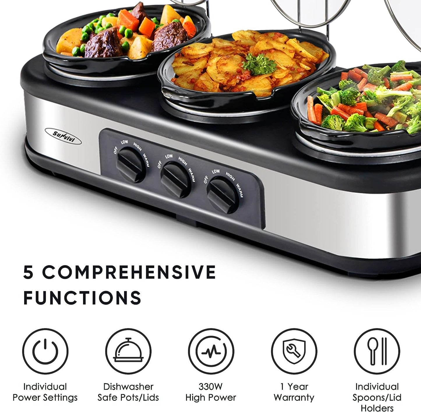Sunvivi Triple Slow Cooker, Buffet Server, 3 Pot Food Warmer, 4.5QT