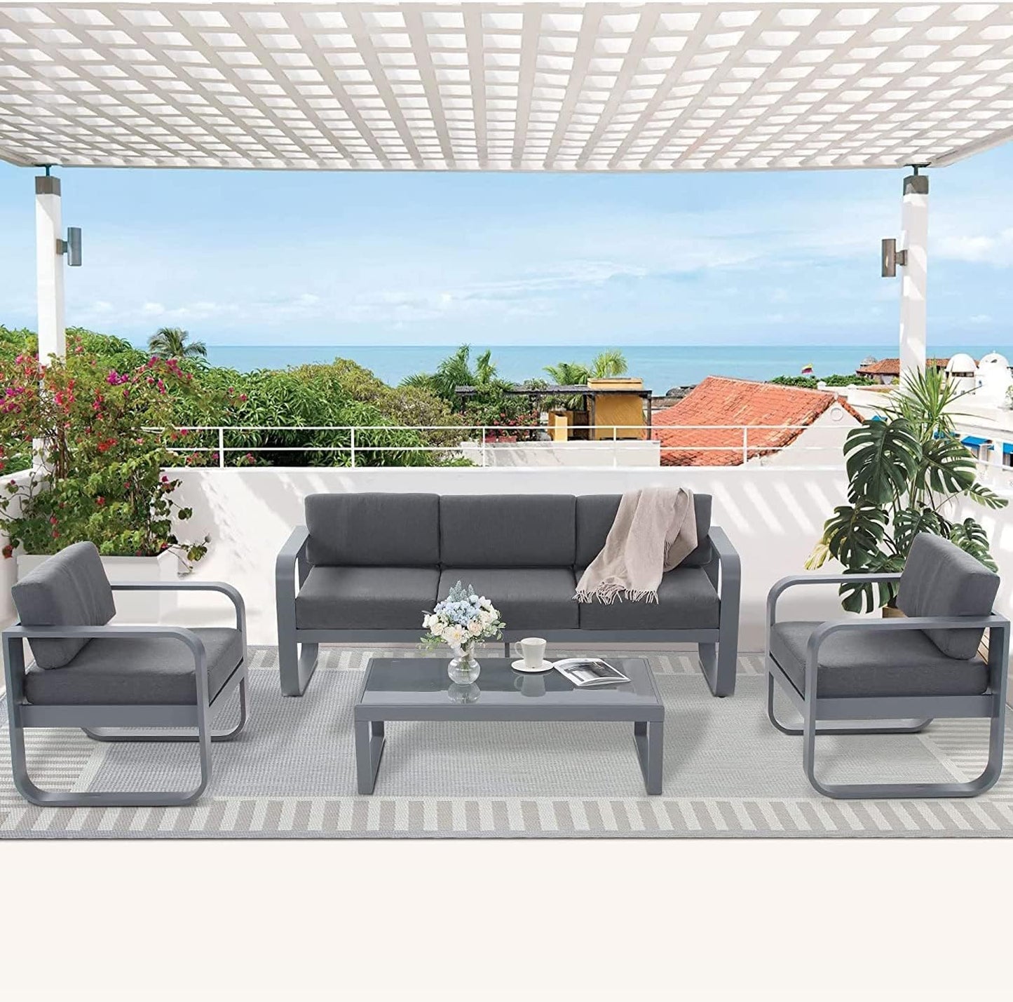 SunviviCollection Aluminum Patio Furniture, Outdoor Metal Patio Furniture Conversation Set with Coffee Table, Outside Patio Sofa Sets with Cushion for Balcony Backyard Garden, Beige