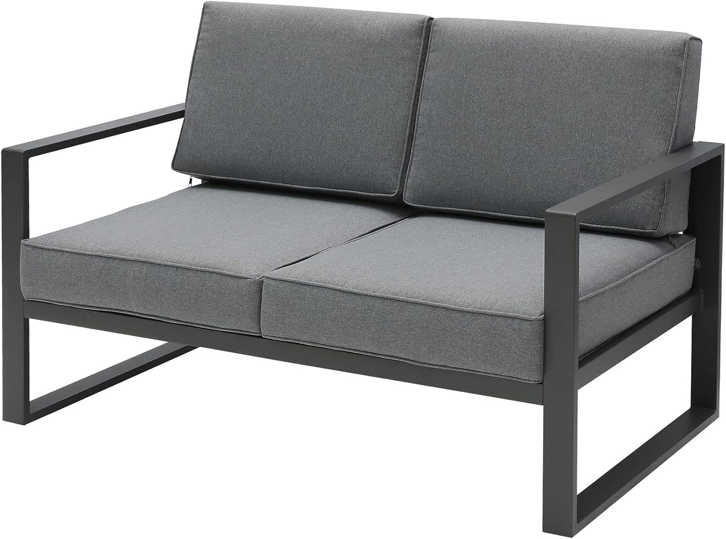 SunviviCollection Aluminum Patio Furniture Loveseat, Metal Contemporary 2-Seat Sofa Chair with Cushion and Waterproof Cover, Modern Blue Outside Couch