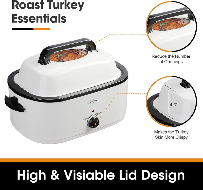 Roaster Oven with Self-Basting Lid, Electric Roaster with Removable Pan & Rack, 150-450°F Full-Range Temperature Control with Defrost/Warm Function, Stainless Steel, Silver