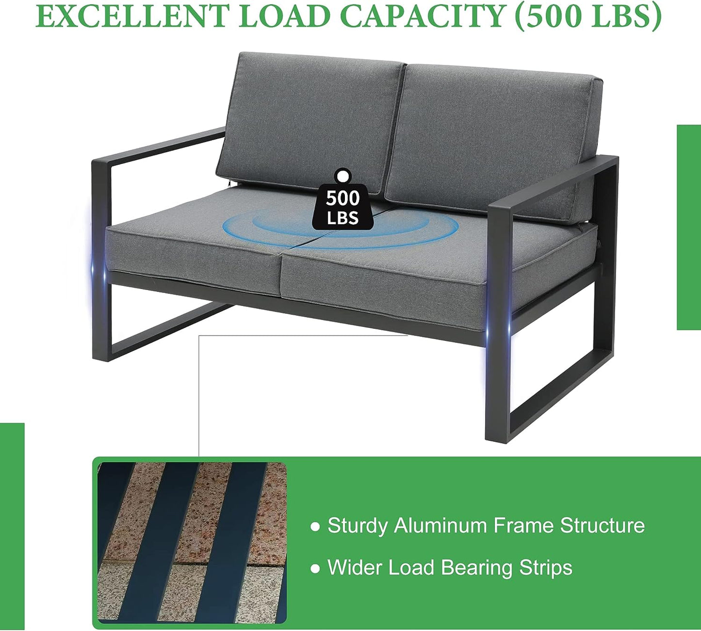 SunviviCollection Aluminum Patio Furniture Loveseat, Metal Contemporary 2-Seat Sofa Chair with Cushion and Waterproof Cover, Modern Blue Outside Couch