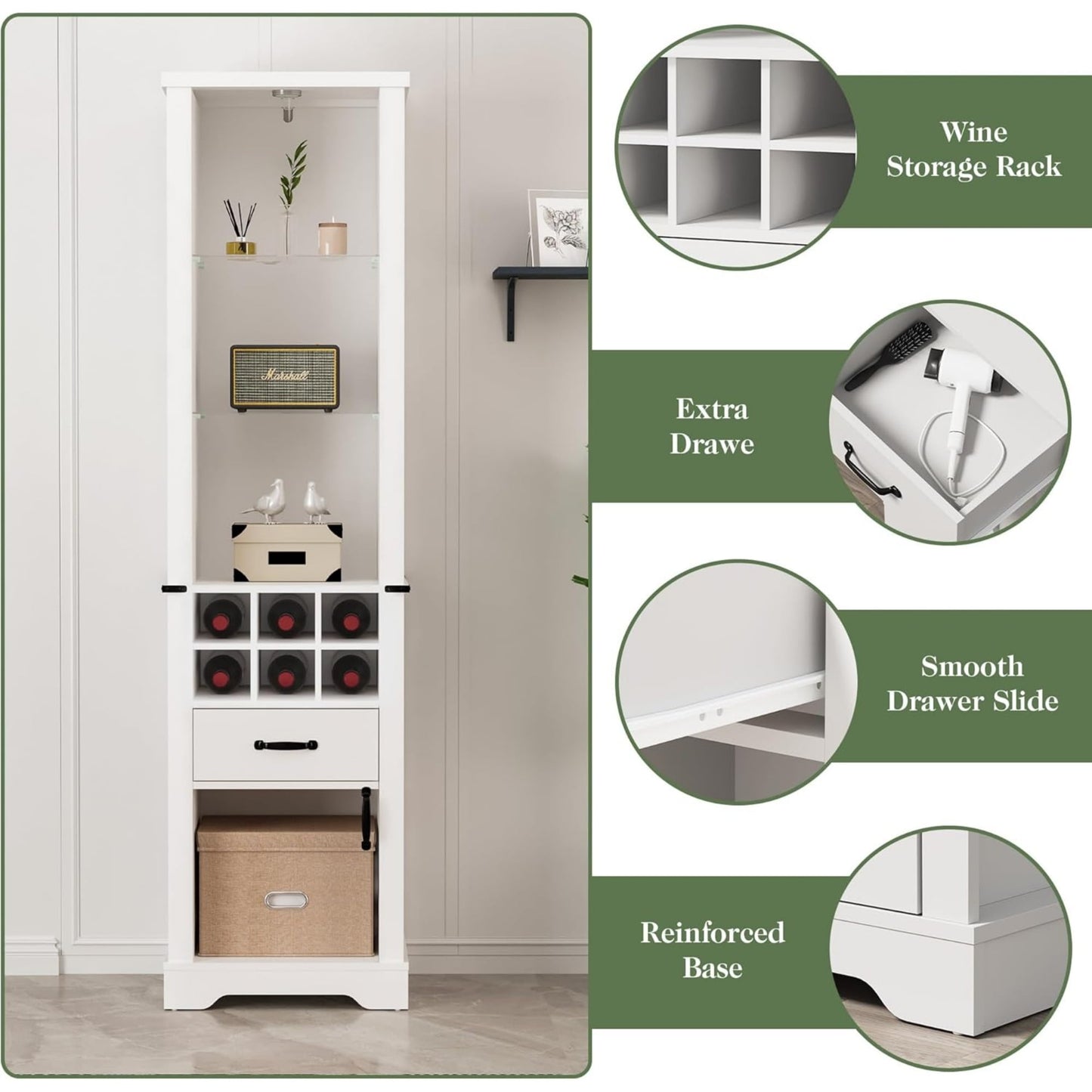Superjoe 75'' Tall Storage Cabinet with LED Light, Farmhouse Pantry Cabinet with Tempered Glass Adjustable Shelves & Wine Storage Rack, Freestanding Linen Tower for Bathroom, Living Room,White