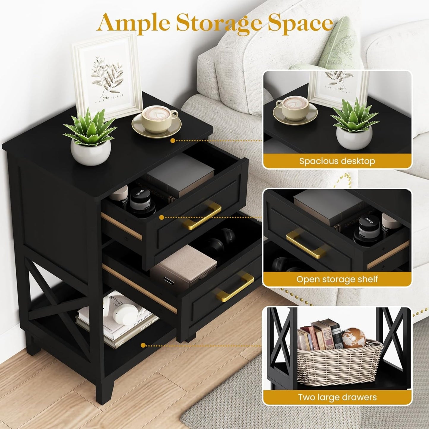 CozyHome Tall Nightstand Set of 2, Side Table with 2 Drawers and Open Shelf Below, Bedside Table with Solid Feet, Modern Night Stand End Table for Bedroom, Living Room, Home Office, Black