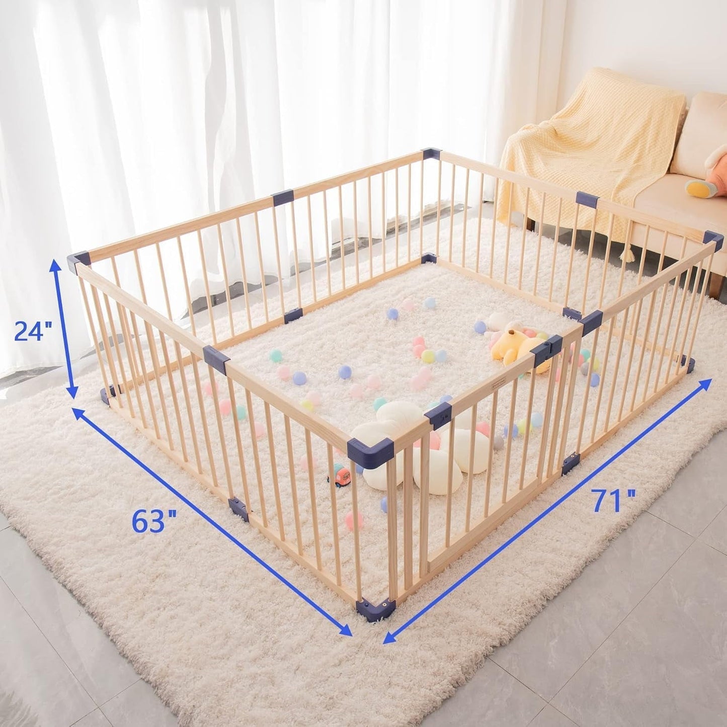 Superjoe Baby Playpen Kids Fence with Safety Gate, Activity Play Center, Safety and Anti-Drop Function, Safety Play Yard Indoor Outdoor Pure Wooden Baby Playpen (71"*63"*24")